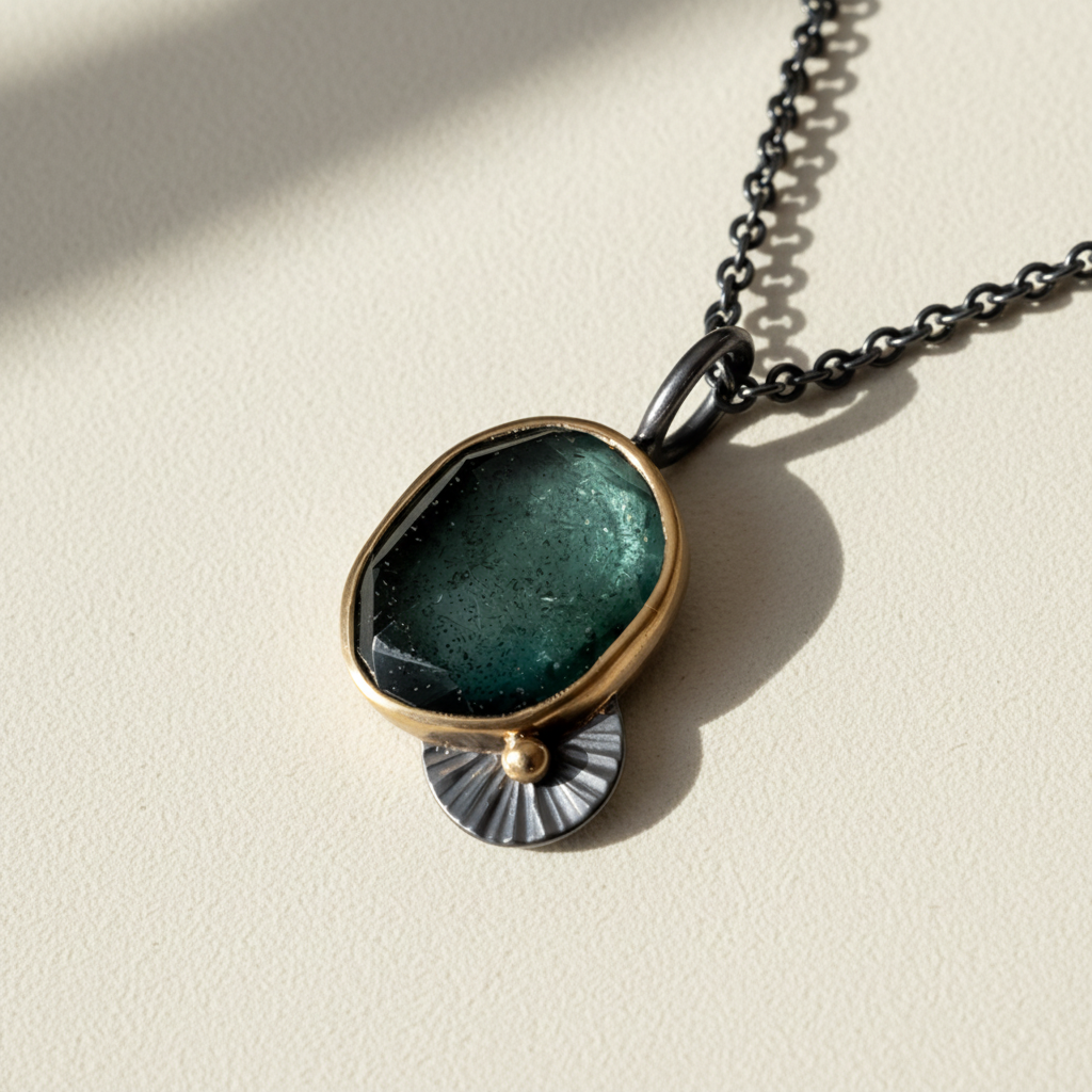 Gunmetal pendant necklace with oval dark teal stone and golden rim