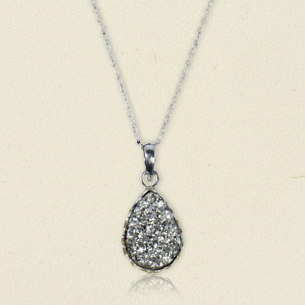 Teardrop druzy pendant necklace with silver-toned chain and silver druzy teardrop pendant