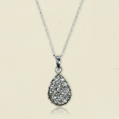 Teardrop druzy pendant necklace with silver-toned chain and silver druzy teardrop pendant