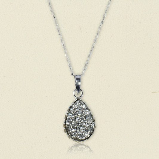 Teardrop druzy pendant necklace with silver-toned chain and silver druzy teardrop pendant