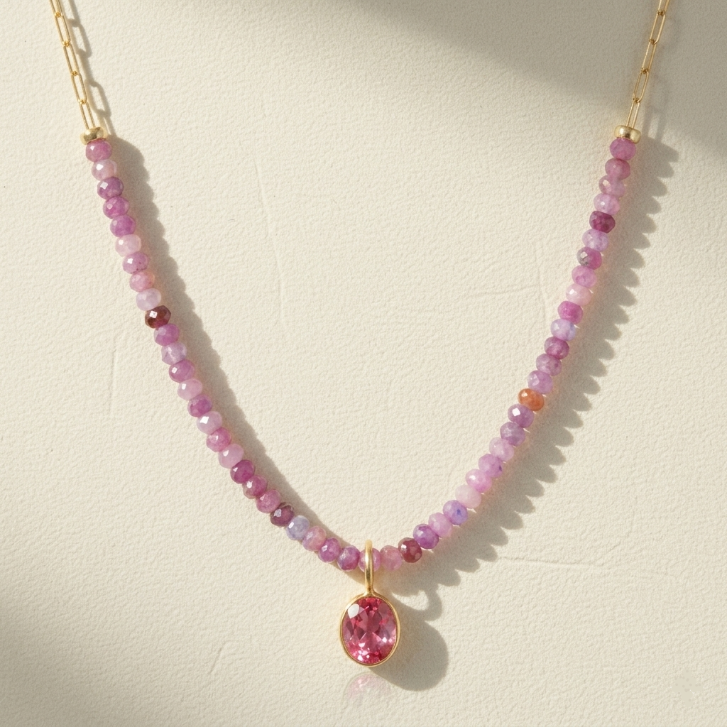 Beaded paperclip necklace with purple bead strand and pink teardrop charm