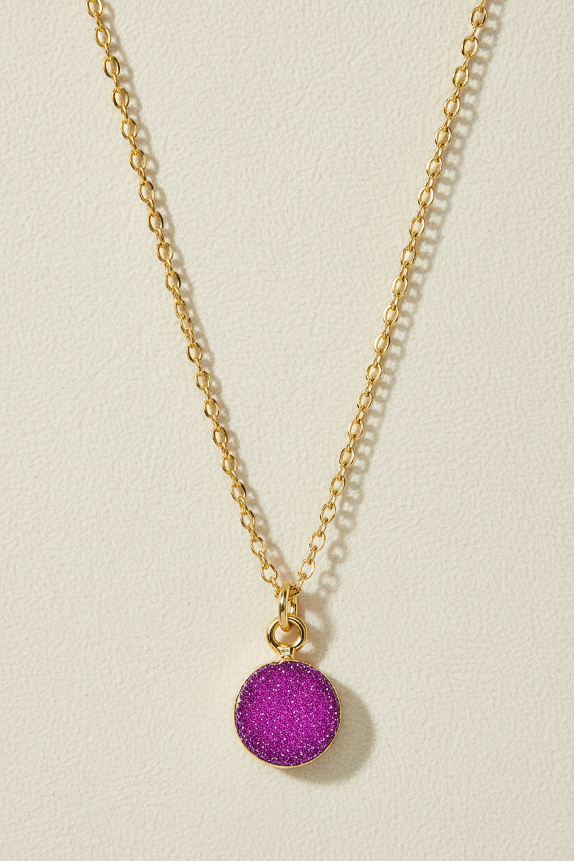 Gold chain druzy pendant necklace with round purple druzy stone
