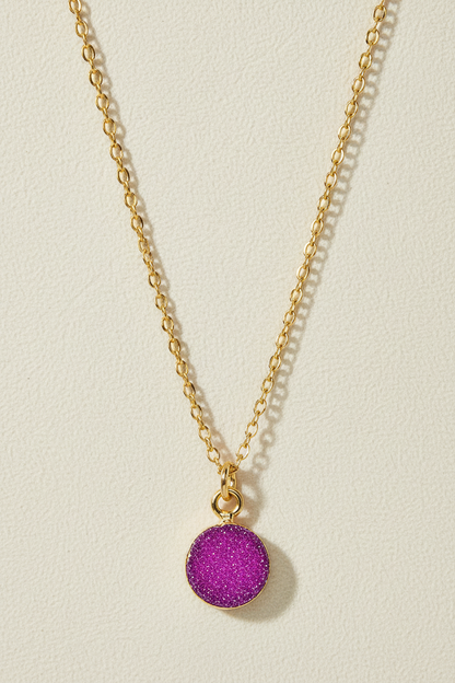 Gold chain druzy pendant necklace with round purple druzy stone