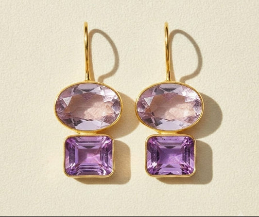 Gold-tone double drop earrings with amethyst-purple oval and square stones