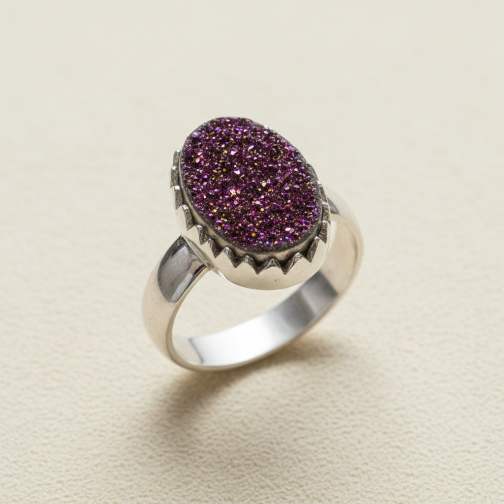 Oval druzy ring with purple sparkling center and silver-tone band