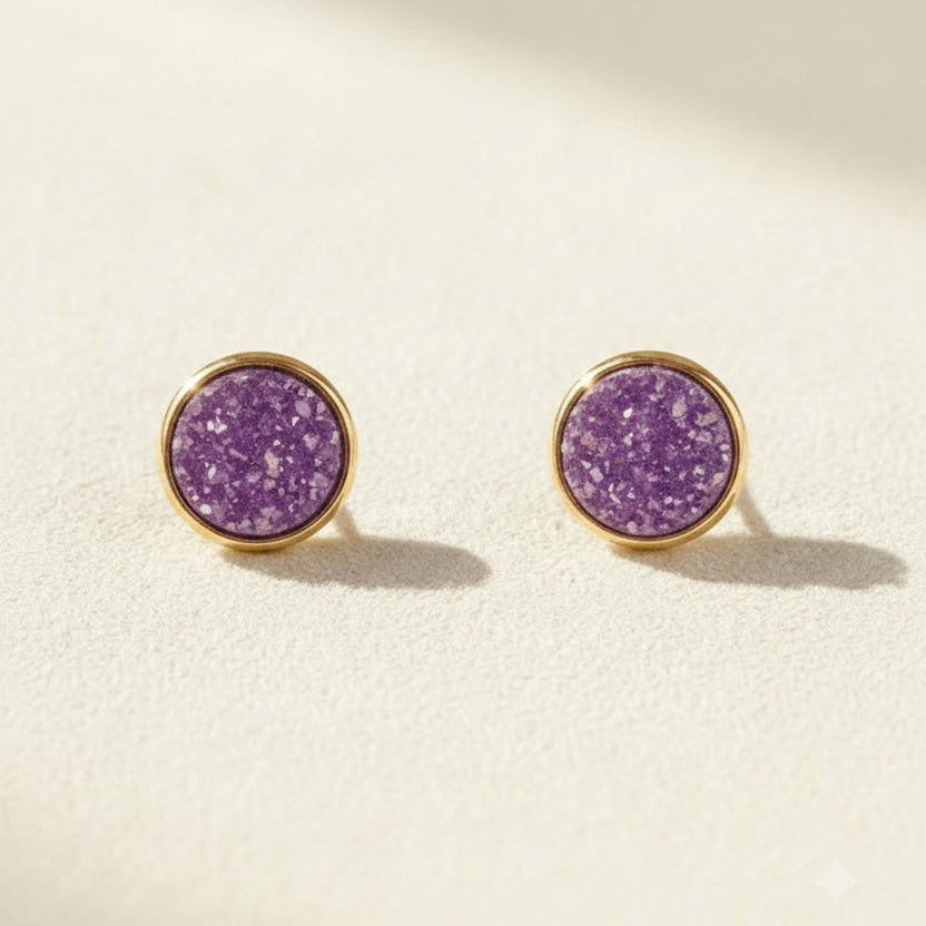 Round druzy stud earrings with purple stone, gold-tone bezel, post-back closure