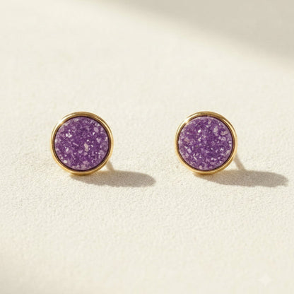 Round druzy stud earrings with purple stone, gold-tone bezel, post-back closure
