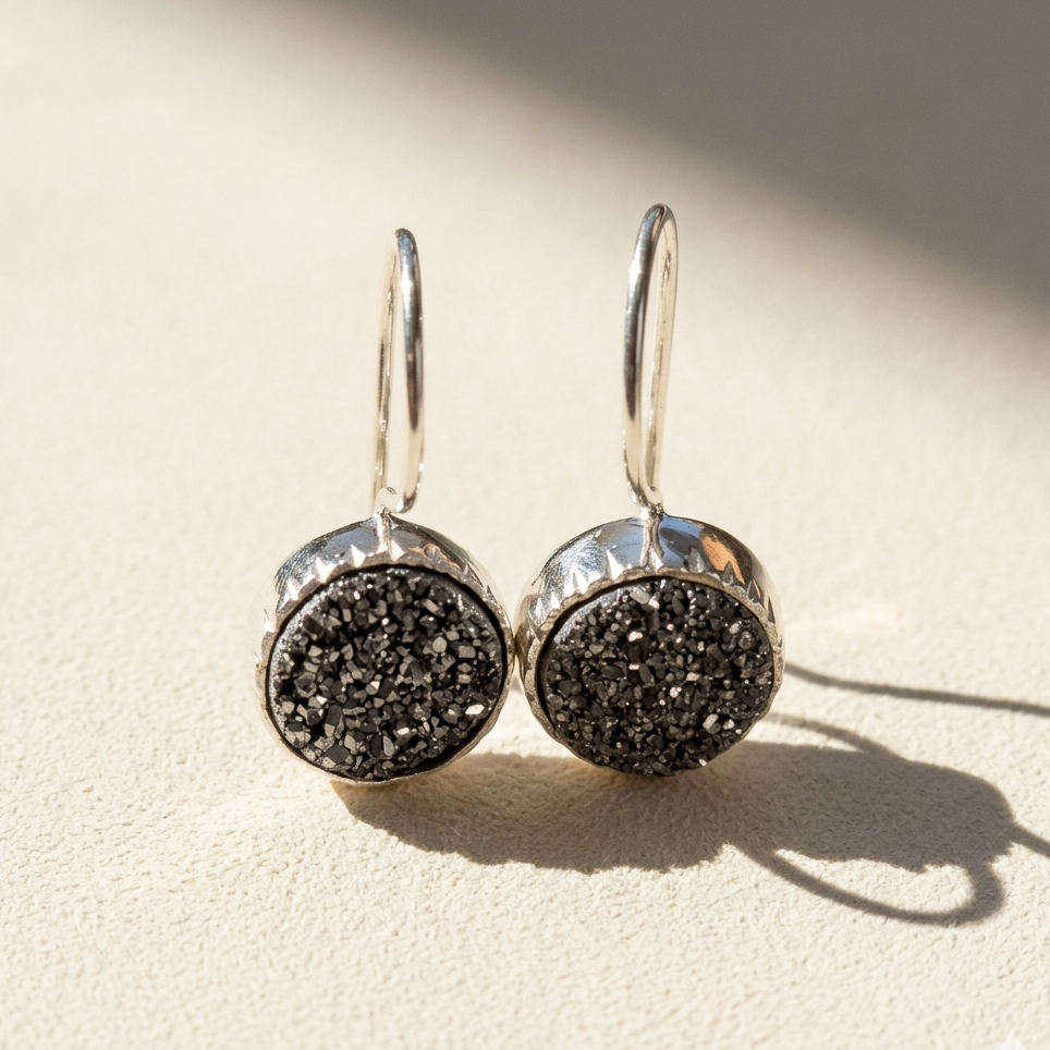 Black druzy round dangle earrings with silver-tone round settings and hoop hooks