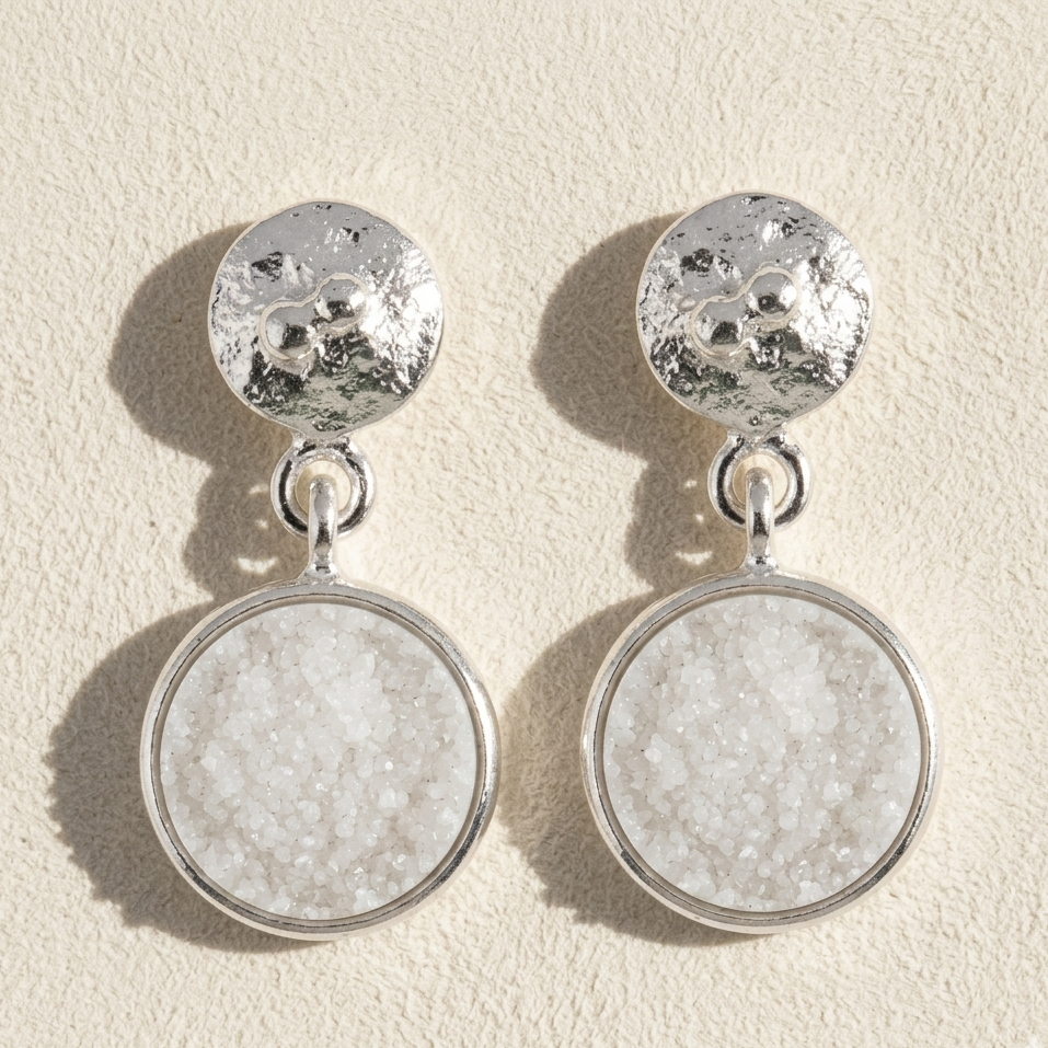Silver-tone hammered round druzy top with white druzy circle drop post earrings