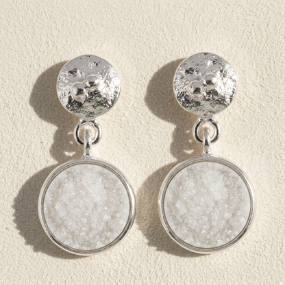 Silver-tone hammered round druzy top with white druzy circle drop post earrings