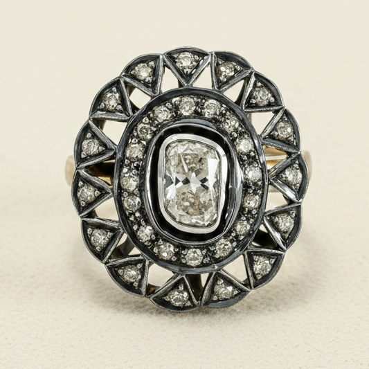 Diamond ring with intricate design on a light beige background