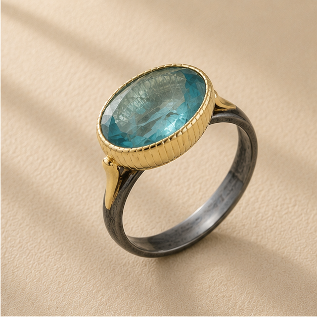 Two-tone apatite ring, oval blue-green stone bezel with braided rim on dark silver shank