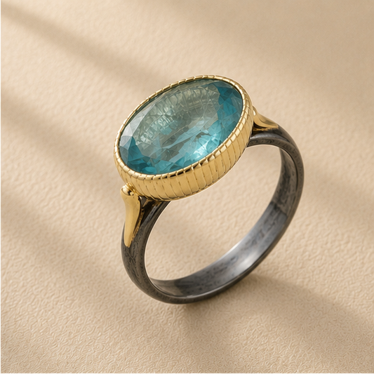 Two-tone apatite ring, oval blue-green stone bezel with braided rim on dark silver shank