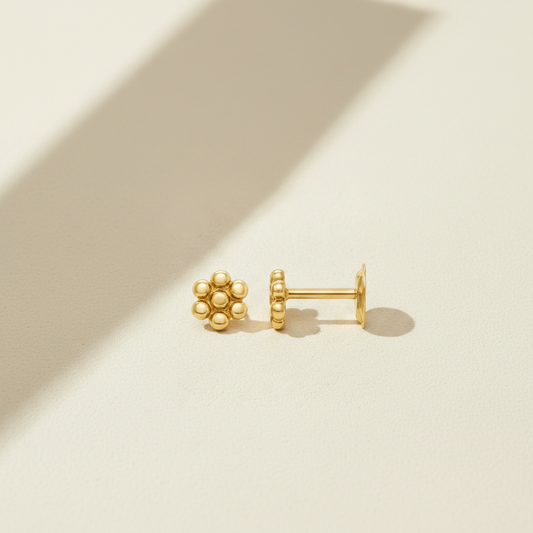 14k yellow gold granulated flower stud earrings, hinged post back