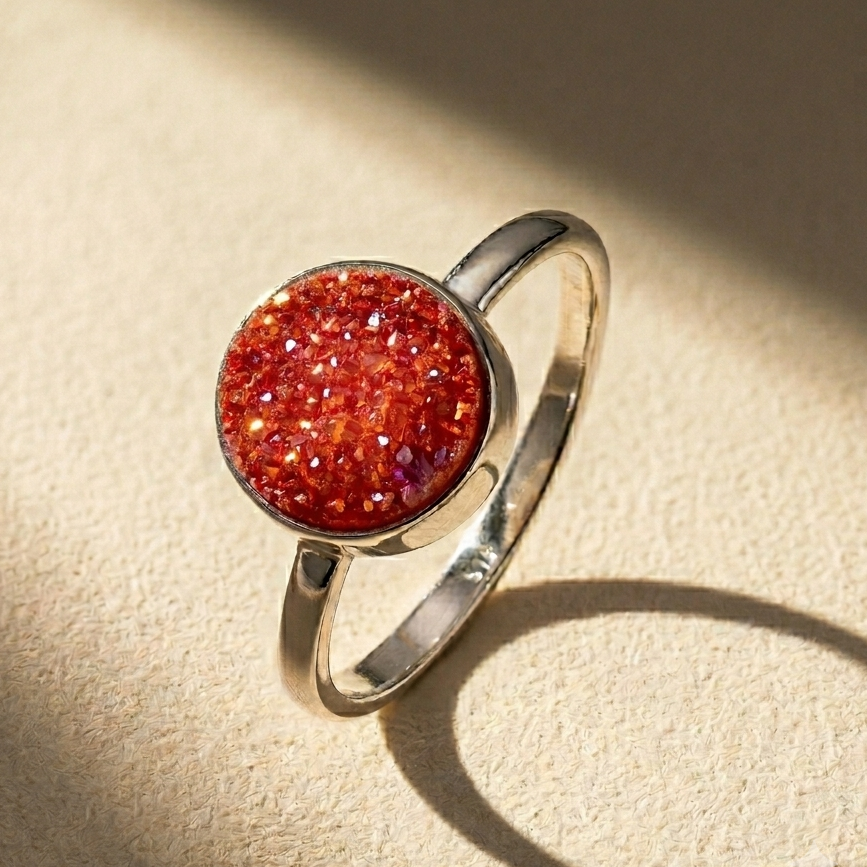 Round druzy ring in sterling silver with red druzy stone