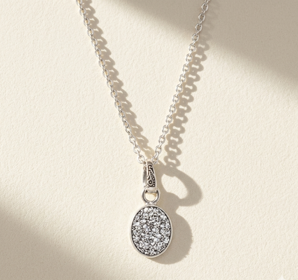 Oval druzy pendant necklace with oval silver-toned druzy cabochon and loop bail