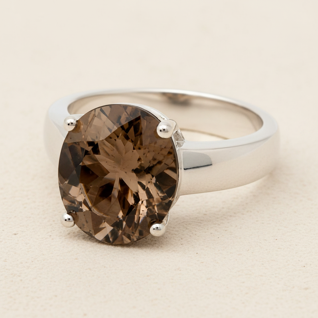 Oval smoky quartz ring with silver band and four-prong setting