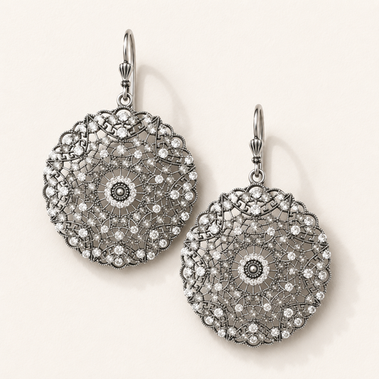 Silver drop earrings with ornate filigree and crystal-like stones