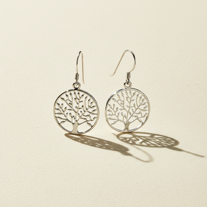 Silver-tone tree-of-life drop earrings with round disc and etched branches