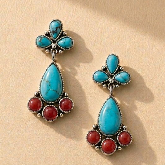 Turquoise teardrop drop earrings with red round accents and silver-tone settings