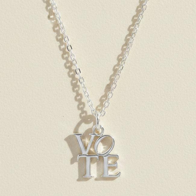 Silver-tone vote necklace with VOTE letter pendant and link chain