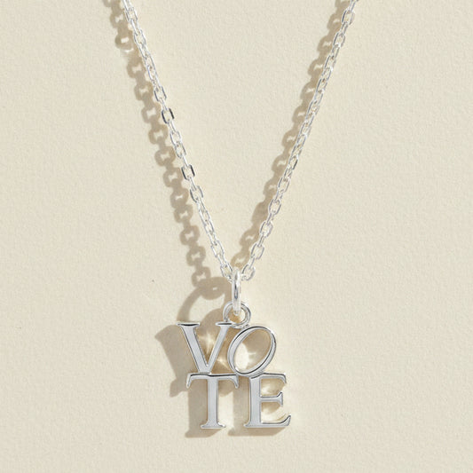 Silver-tone vote necklace with VOTE letter pendant and link chain