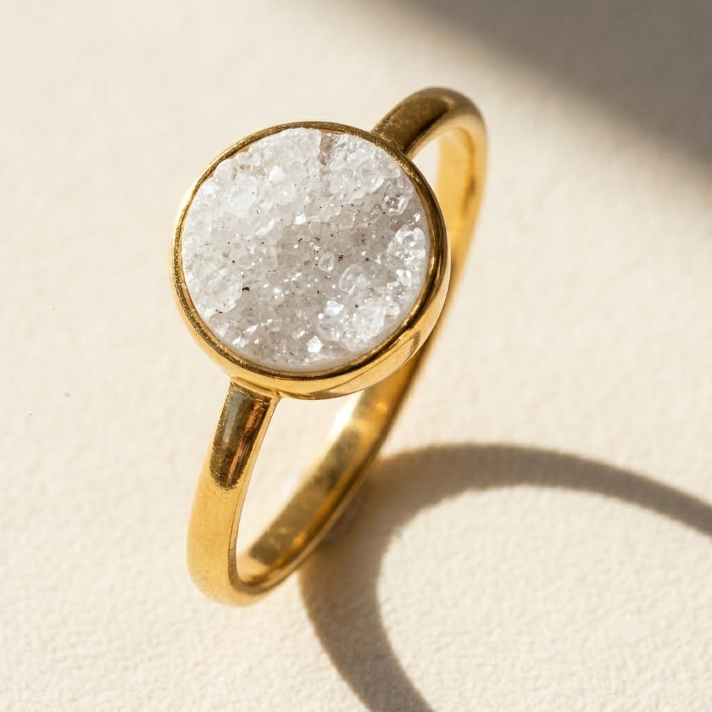 Round druzy ring in gold vermeil with white druzy stone
