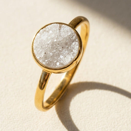 Round druzy ring in gold vermeil with white druzy stone