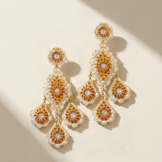 White and gold beaded chandelier earrings with round blue center beads and dangling pearl drops