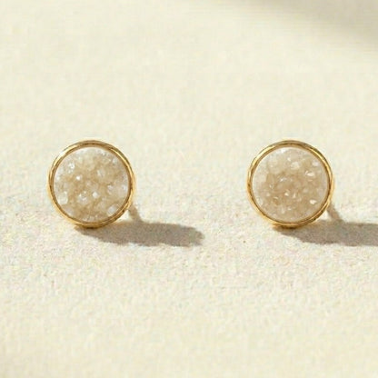 Round druzy stud earrings with white stone, gold-tone bezel, post-back closure