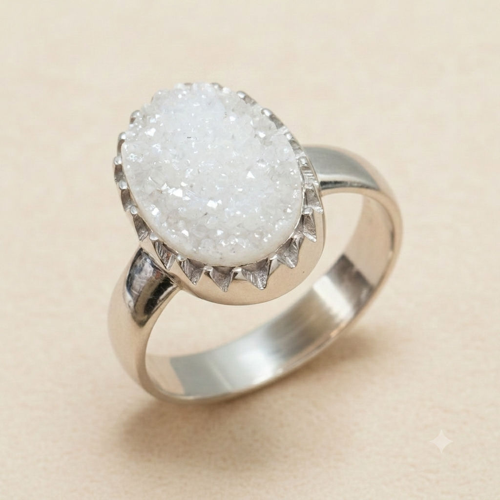 Oval druzy ring with white sparkling druzy stone and silver-tone band