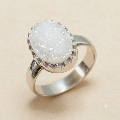 Oval druzy ring with white sparkling druzy stone and silver-tone band