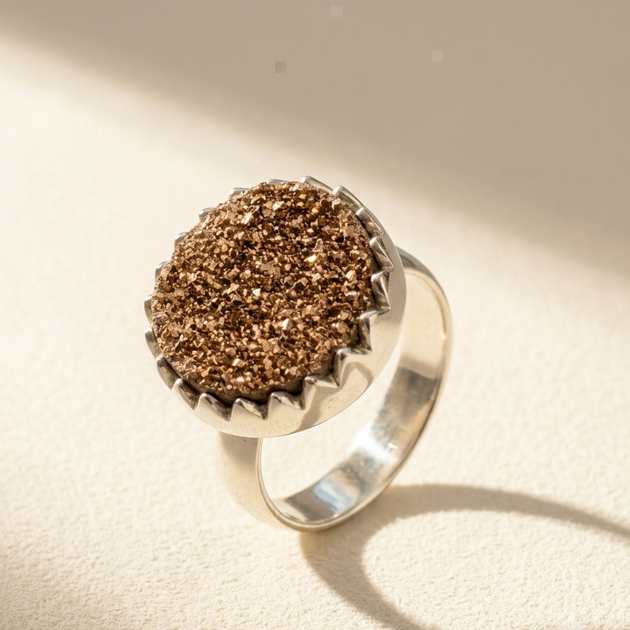 Large round druzy ring with bronze-brown sparkling stone and silver-tone metal band